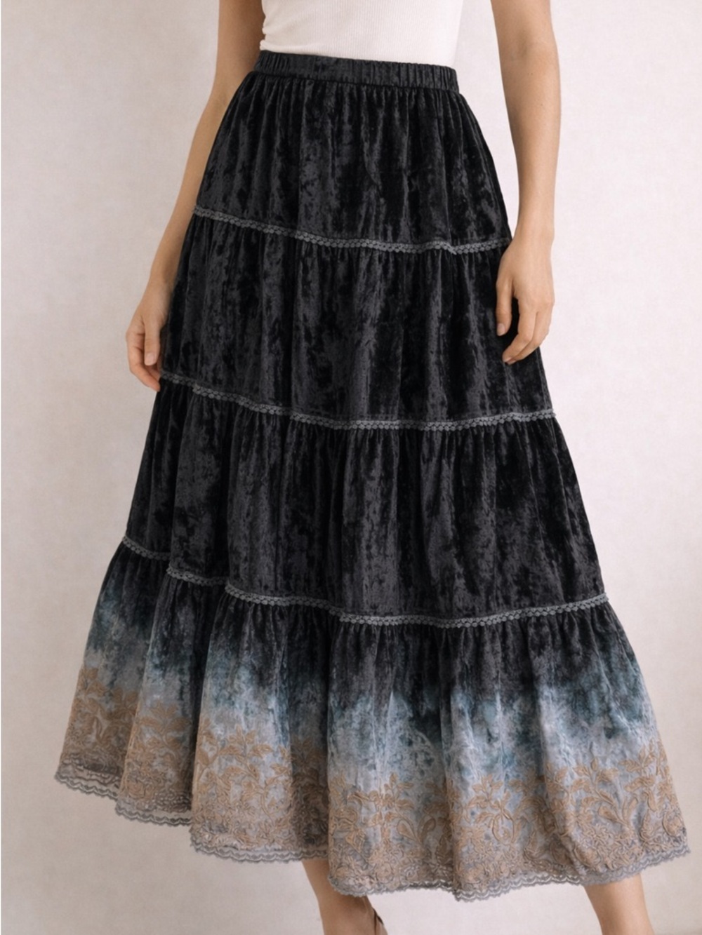 Vintage Ombre Hem Black Velvet Tiered Maxi Skirt Lace Trim Statement Sz M Overs.